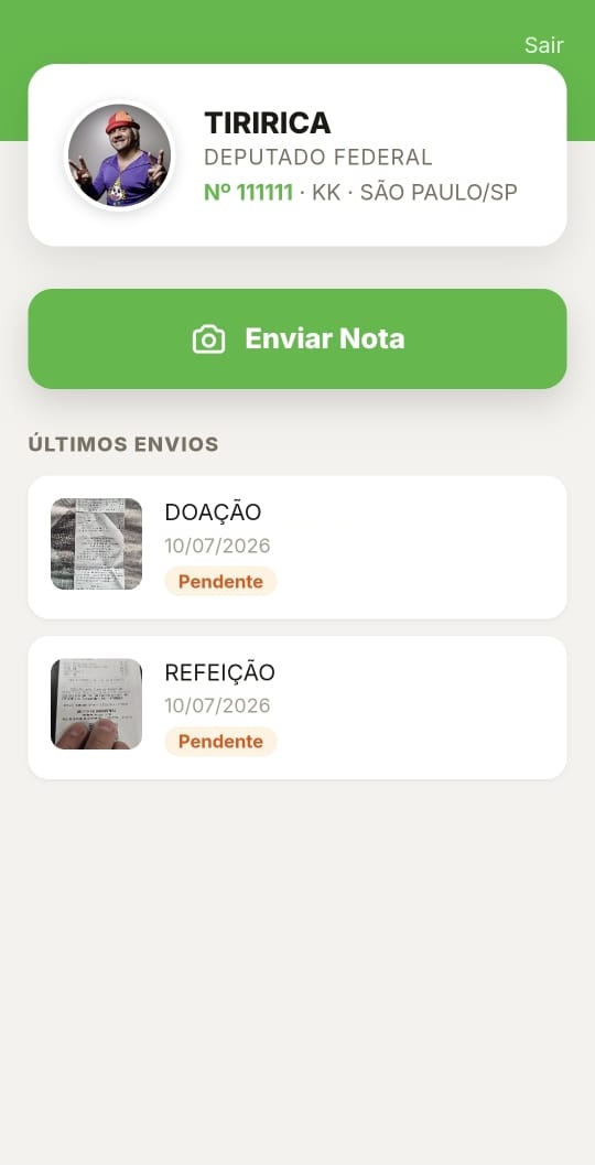 Tela inicial do App do Candidato com o botão Enviar Nota e histórico de últimos envios